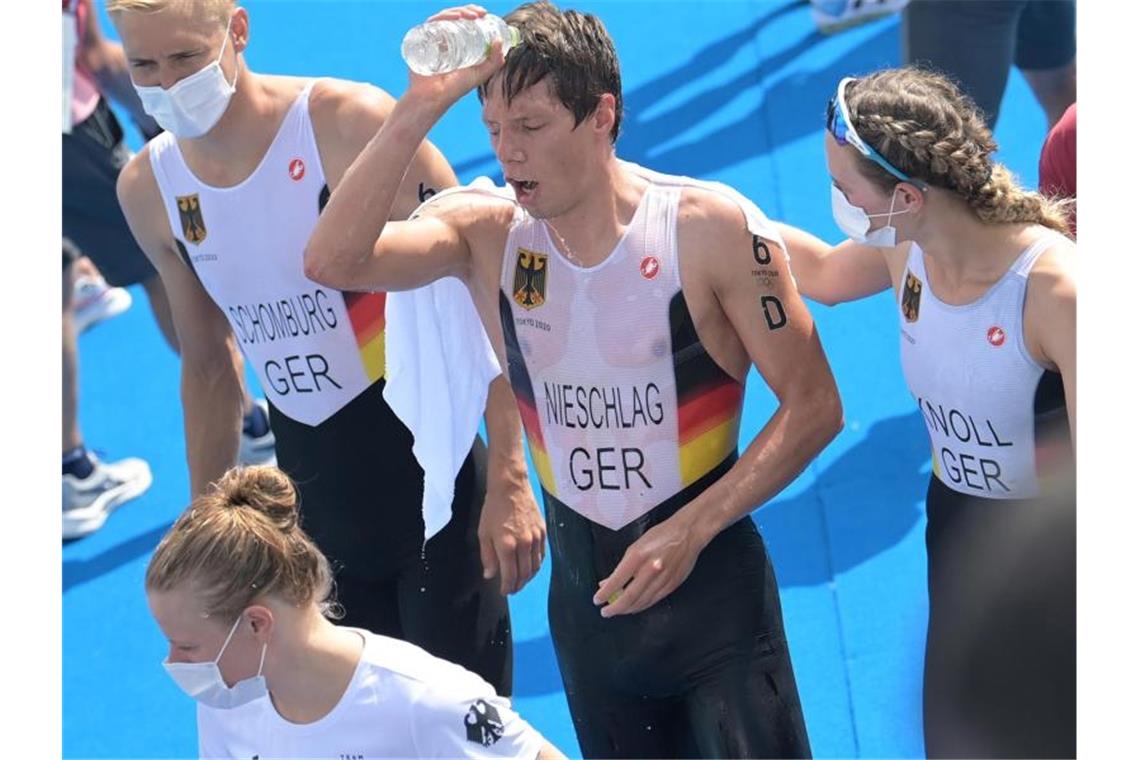 Triathlon-Mixed feiert guten Tokio-Abschluss Die deutsche Mixed-Staffel kam als Sechste ins Ziel. Foto: Sebastian Gollnow/dpa