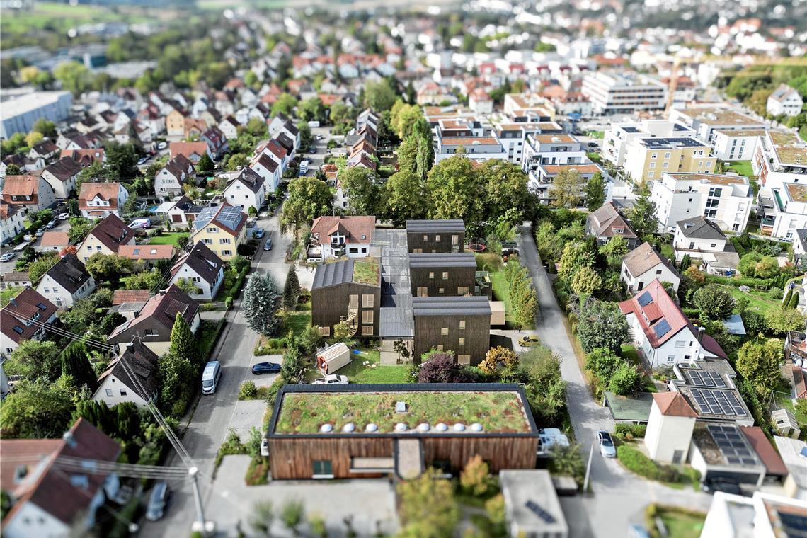 Die „Dorfstraße“ verbindet die vier geplanten Häuser (dunkle Fassade) und das weiße Bestandsgebäude. Visualisierung: Plus Bauplanung