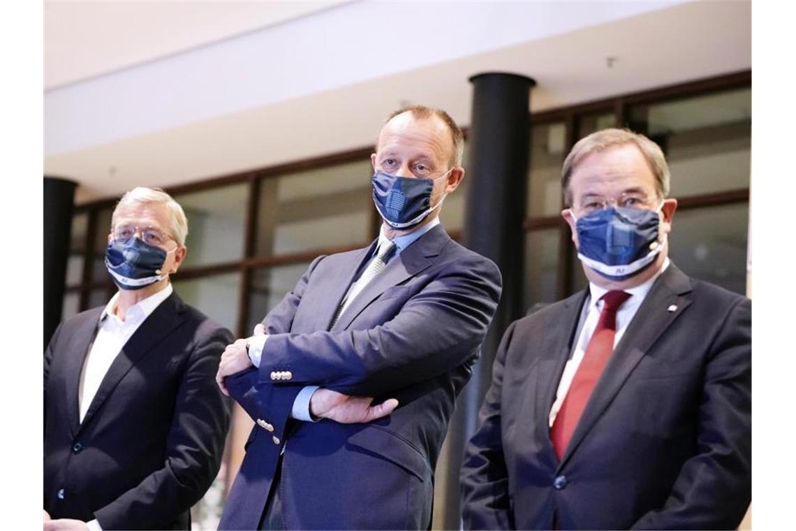 Die drei Kandidaten für den Bundesvorsitz der CDU: Armin Laschet, (r-l) Friedrich Merz und Norbert Röttgen. Foto: Michael Kappeler/dpa-pool/dpa