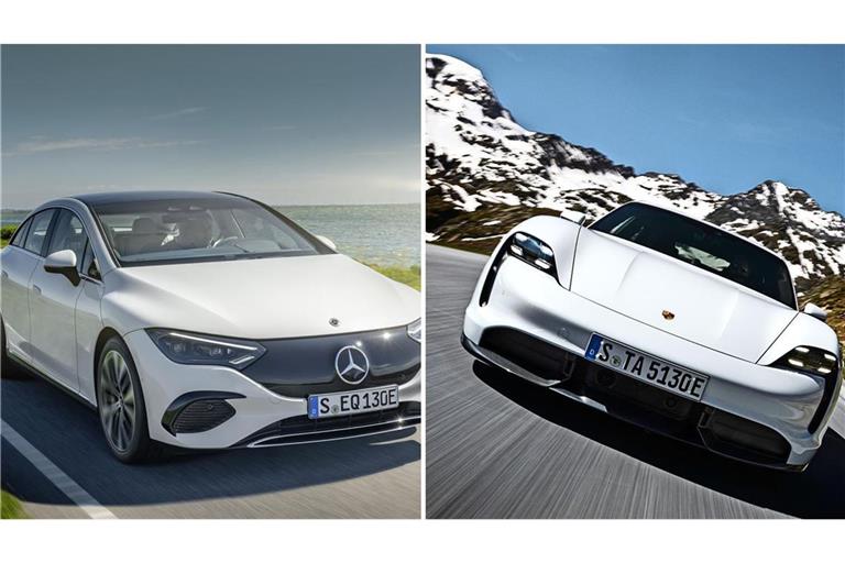 Die Elektro-Palette von Mercedes hat schon einige Fahrzeuge zu bieten, wie zum Beispiel den EQE (links). Bei Porsche ist die Auswahl etwas begrenzter – es gibt zum Beispiel den Taycan, der rechts zu sehen ist. (Archivbilder)