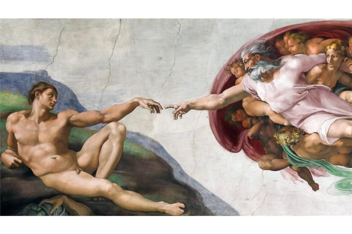 Die Erschaffung Adams: Deckenfresko des Renaissance-Malers Michelangelo Buonarroti in der Sixtinischen Kapelle.