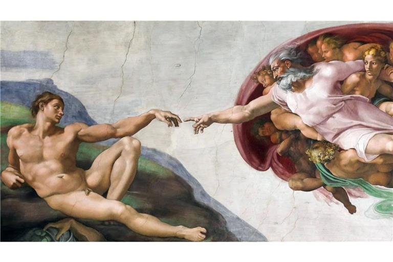 Die Erschaffung Adams: Deckenfresko des Renaissance-Malers Michelangelo Buonarroti in der Sixtinischen Kapelle.