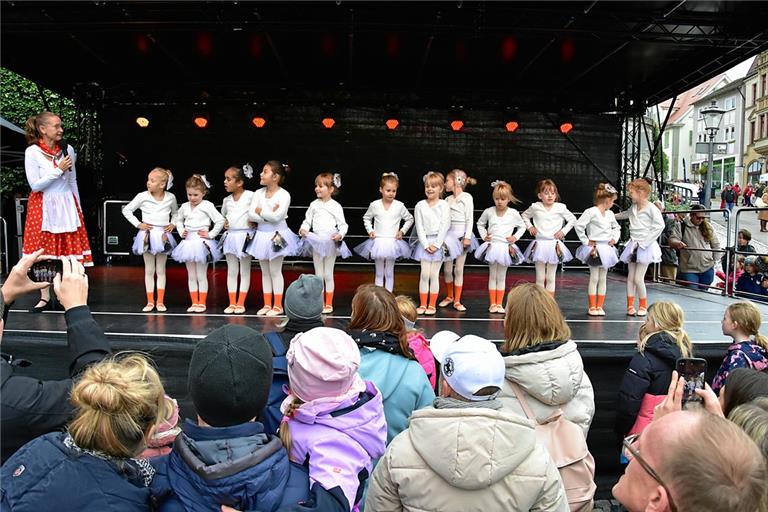 Tausende strömen zum Backnanger Gänsemarkt Die Gänsekinder der Ballettschule Liane mit ihrer Leiterin Liane Martinez bibbern zwar selbst, erwärmen aber mit ihrem Auftritt das Herz der Zuschauer.Fotos: Tobias Sellmaier