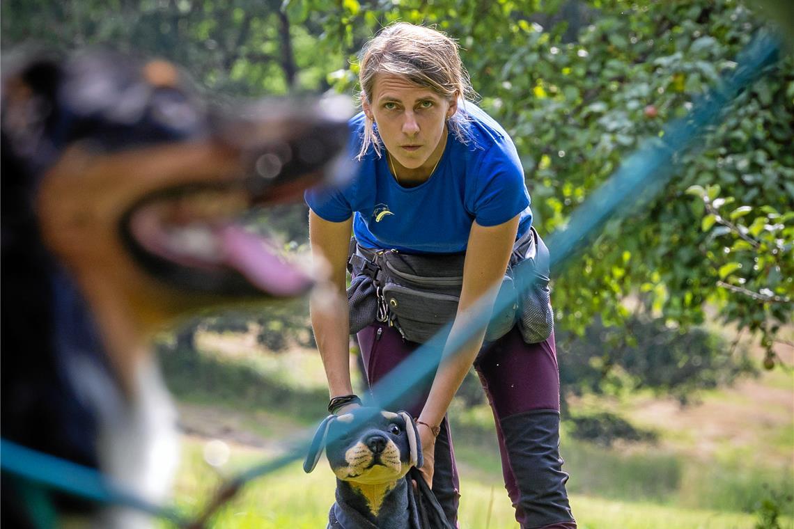 Die Hundetrainerin Kristin Strohmaier übt mit einem ihrer vierbeinigen Schüler und seiner Halterin eine Hundebegegnung mithilfe eines Stofftiers. Foto: Alexander Becher