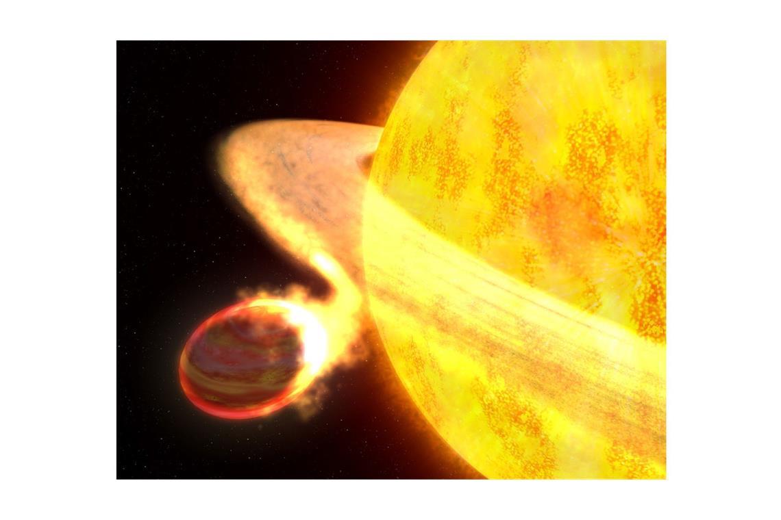 Die Illustration zeigt den Exoplaneten WASP-12b. Er ist der heißeste bekannte Planet in der Milchstraßengalaxie und möglicherweise der am kürzesten lebende.