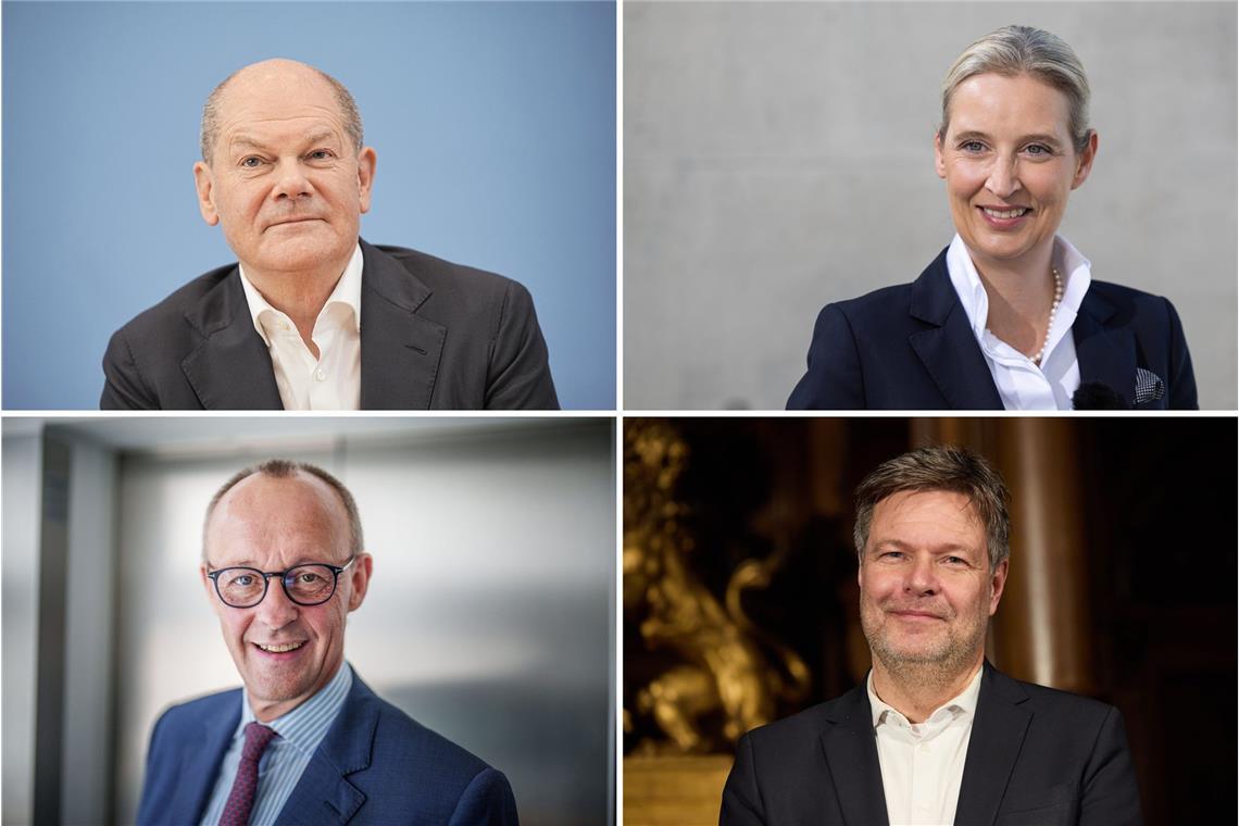 Die Kanzlerkandidaten der Parteien: Olaf Scholz (SPD), Alice Weidel (AfD), Friedrich Merz (Union) und Robert Habeck (Bündnis 90 / Die Grünen) (Archivbilder).