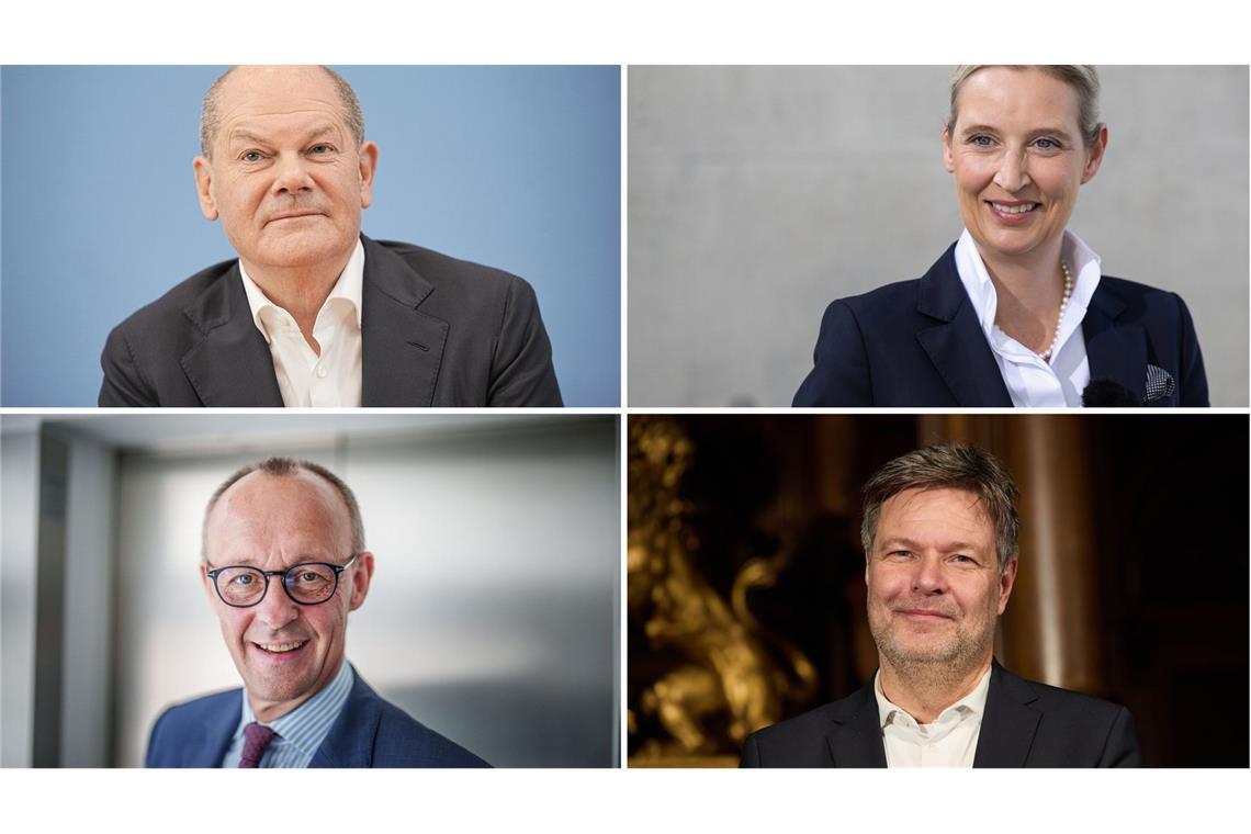 Die Kanzlerkandidaten von links oben im Uhrzeigersinn: Olaf Scholz, Alice Weidel, Robert Habeck und Friedrich Merz