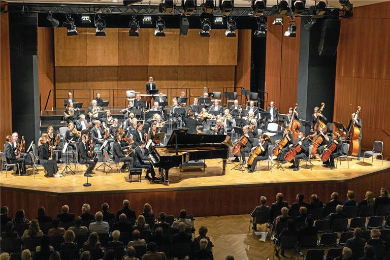 Die Musikerinnen und Musiker des Daimler-Konzerns begeistern das Publikum im Bürgerhaus. Foto: Alexander Becher