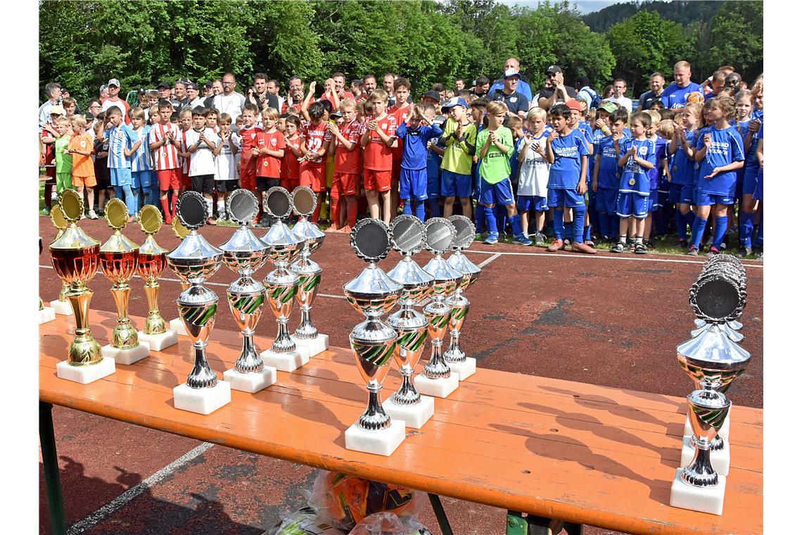 Die Pokale bei der Siegerehrung warten auf glückliche Gewinner. BKZ Minicup 2024...
