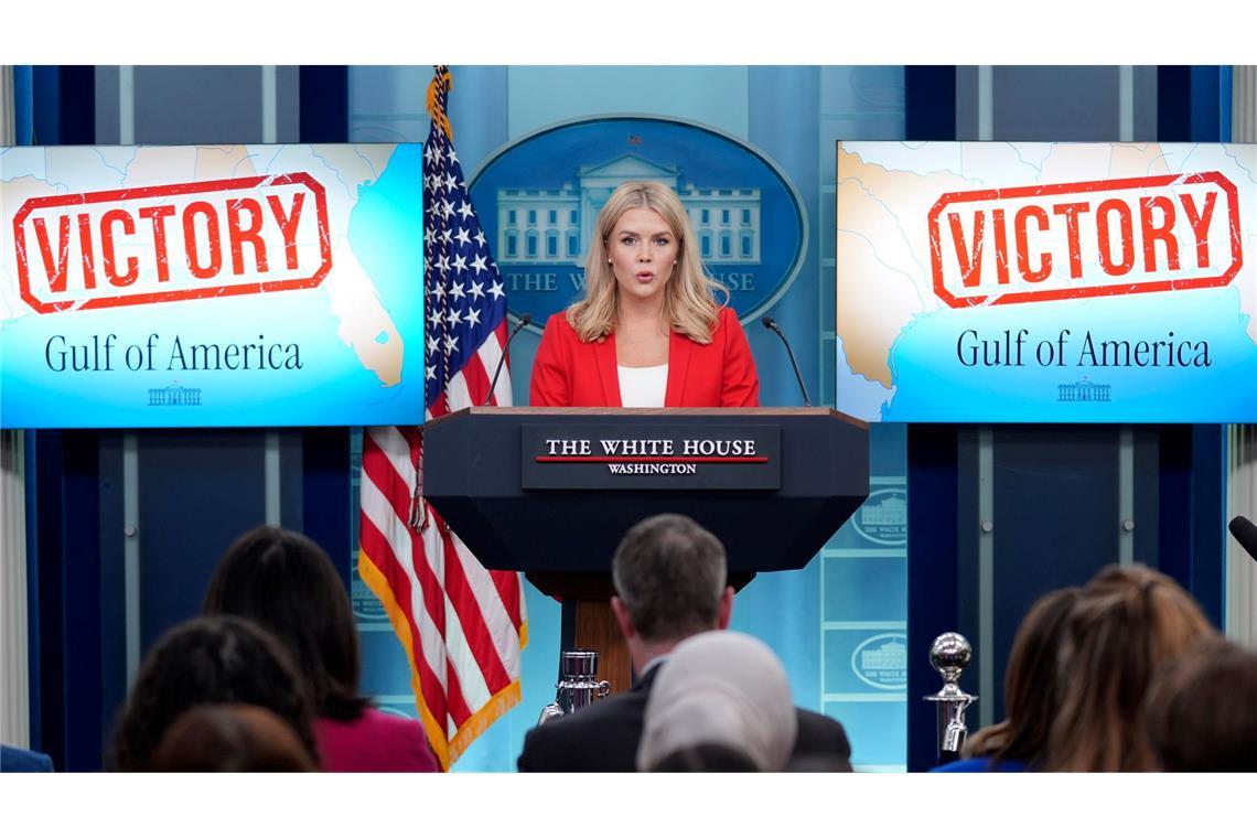 Die Pressesprecherin des Weißen Hauses, Karoline Leavitt, spricht während einer Pressekonferenz im James Brady Press Briefing Room im Weißen Haus.