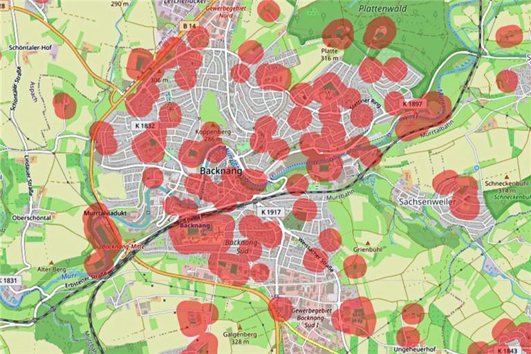 Die roten Flecken visualisieren, wo Cannabis verboten sein kann. Foto: Bubatzkarte/OpenStreetMap