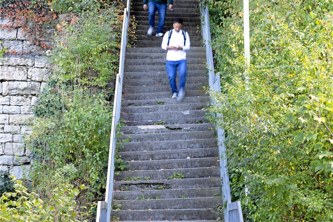 Die schiefe Treppe von Backnang: Die mehr als 50 Jahre alte Felicitas-Zeller-Staffel soll 2025 abgerissen und neu gebaut werden. Foto: Alexander Becher