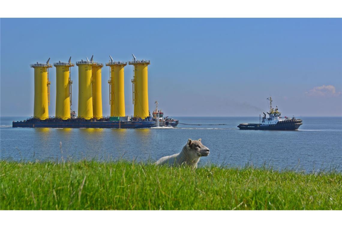 Die sogenannten Transition Pieces für den Offshore-Windpark "He Dreiht" werden bereits transportiert.