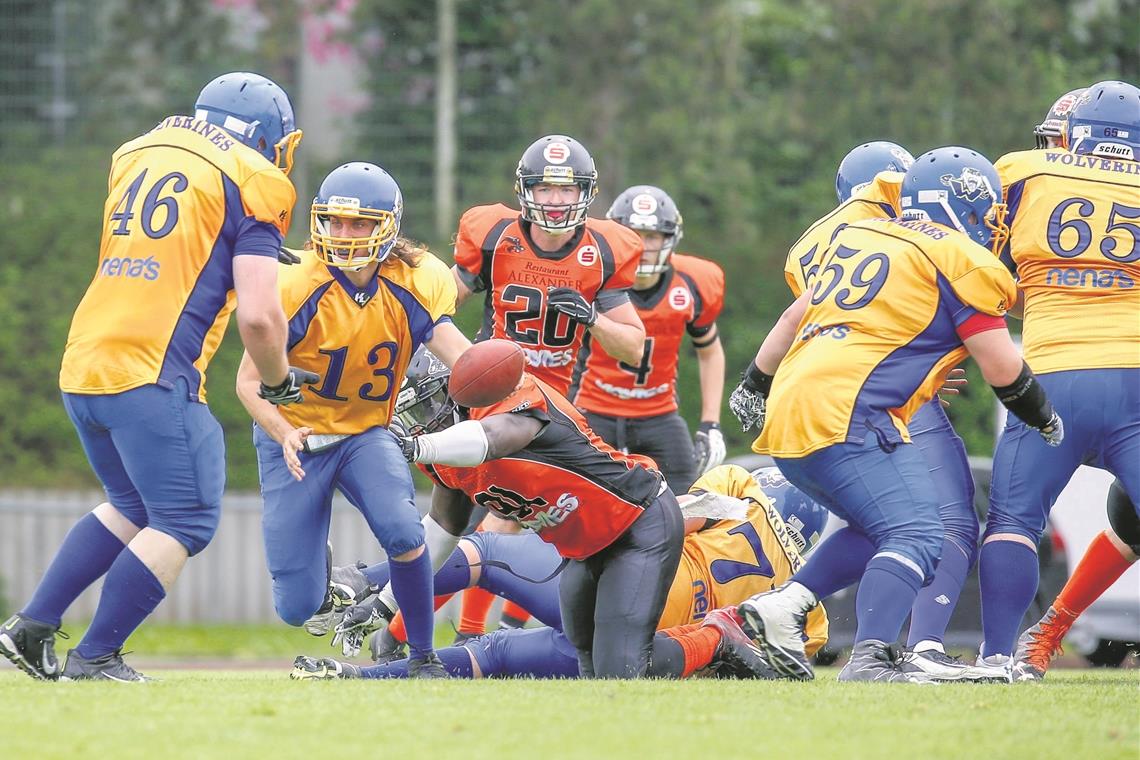 An jedem verdammten Sonntag Die Spieler der Backnang Wolverines (gelbe Trikots) zeigen, dass Partien im American Football packend sein können.Foto: A. Becher