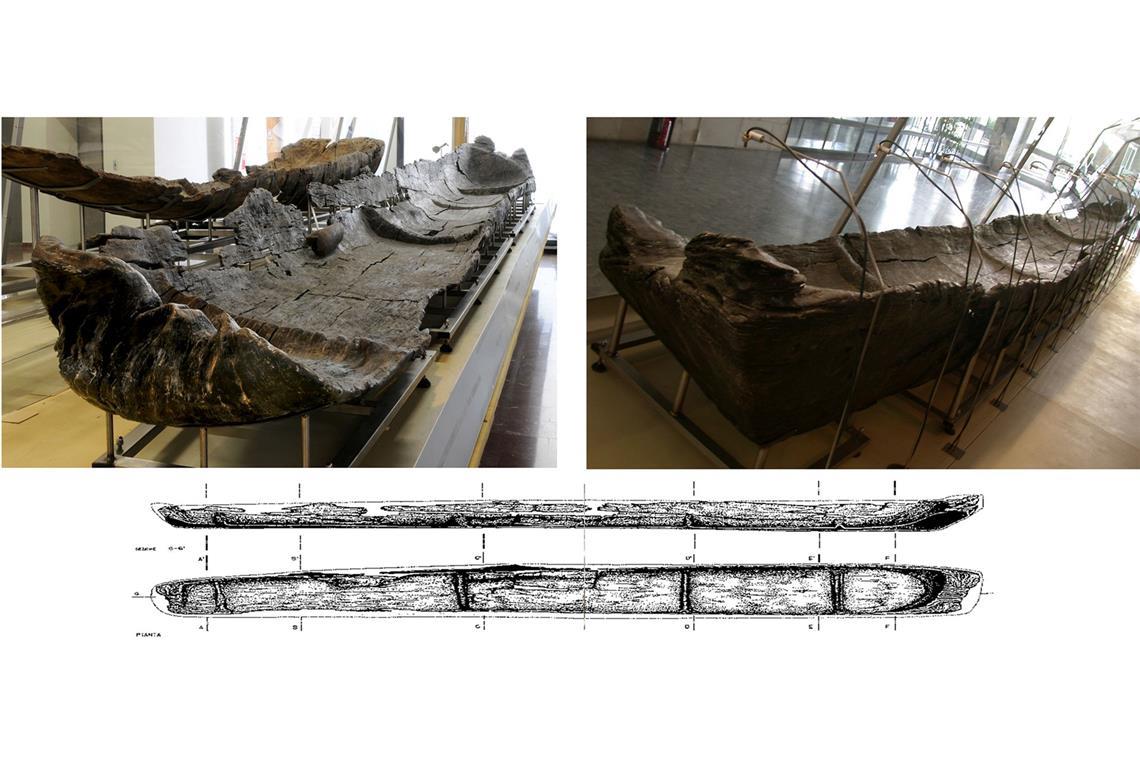 Diese Bildkombo zeigt Kanus im Museo delle Civiltà und Zeichnungen dazu. Die abgenutzten Überreste der mehr als 7000 Jahre alten Einbaumboote lassen erahnen, wie ausgeprägt das Wissen über die Seefahrt bereits in der Jungsteinzeit war.