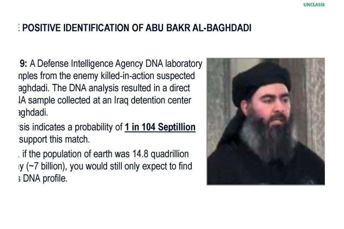 USA veröffentlichen Video von Angriff auf Al-Bagdadi Dieses Dokument des US-Verteidigungsministeriums soll eine positive Identifizierung von Abu Bakr Al-Bagdadi beweisen. Foto: Department of Defense/AP/dpa