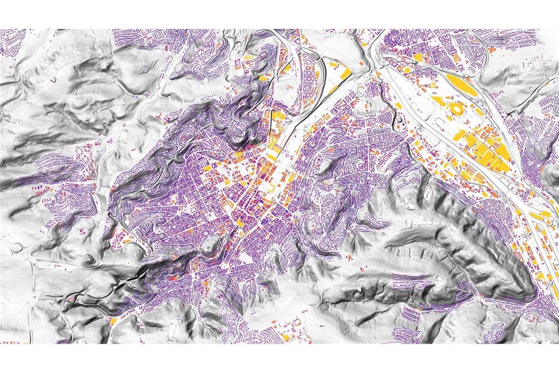 Dieses Foto aus dem DLR-Solaratlas zeigt beispielhaft das Solar-Potenzial für Gebäude in Stuttgart.