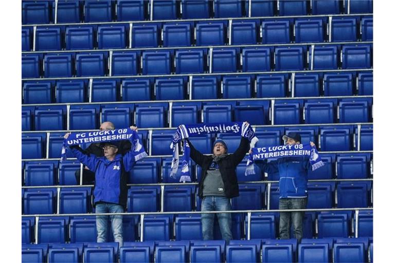 Drei Hoffenheimer Fans halten vor sonst leeren Zuschauerrängen ihre Fanschals in die Höhe. Foto: Uwe Anspach/dpa