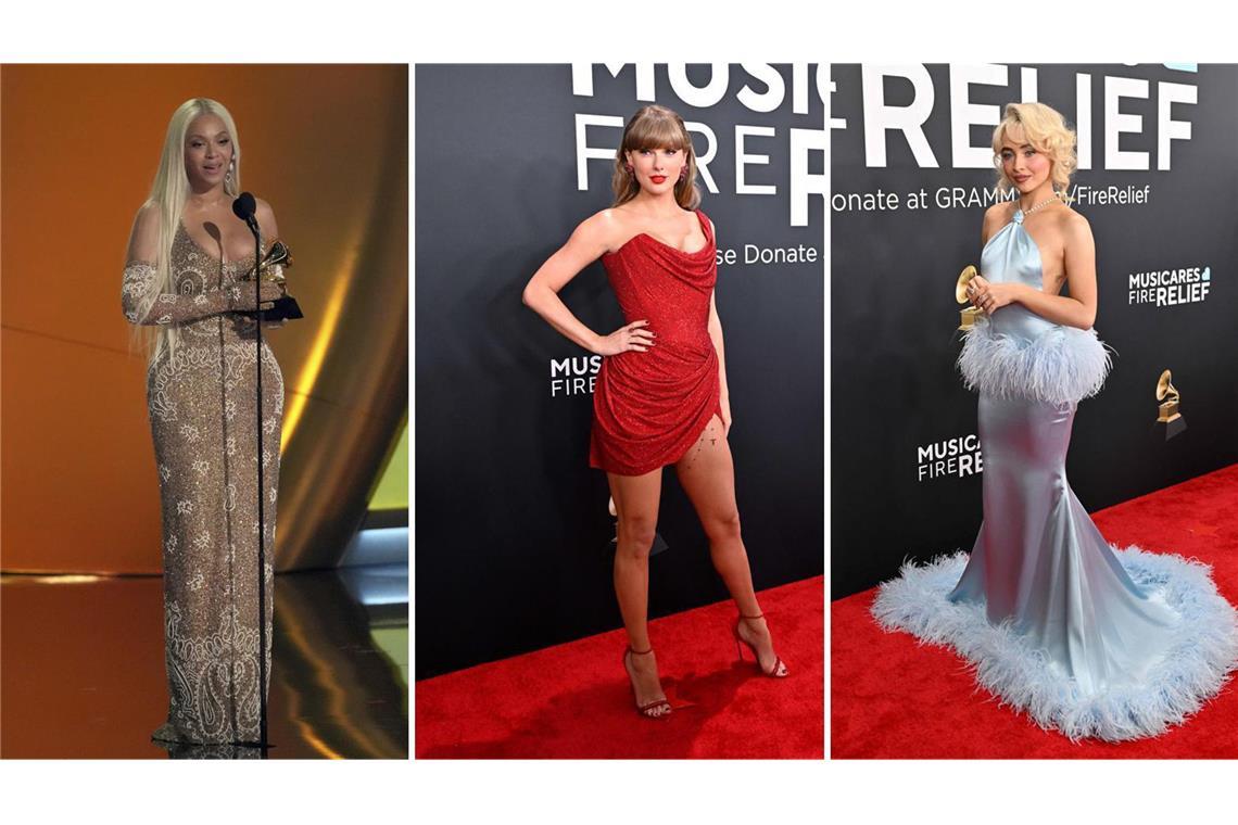 Drei spektakuläre Grammy-Looks (von links): Beyoncé, Taylor Swift und Sabrina Carpenter.