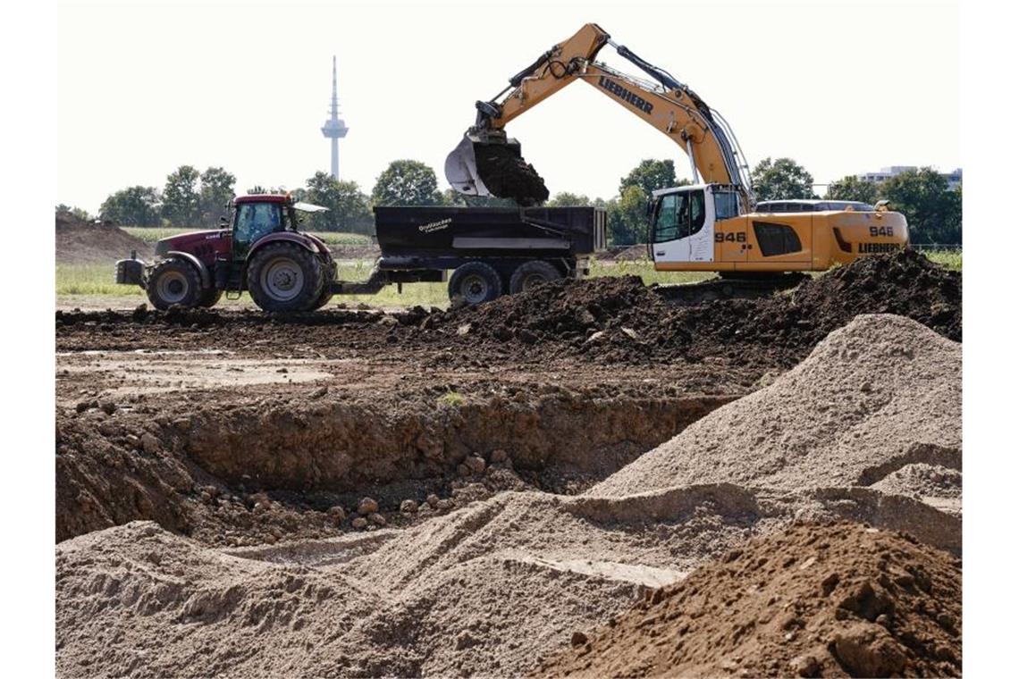 Ein Bagger hebt Erde aus für den Bau des Augewässers, einer 1,6 Hektar großen Wasserfläche. Foto: Uwe Anspach/dpa