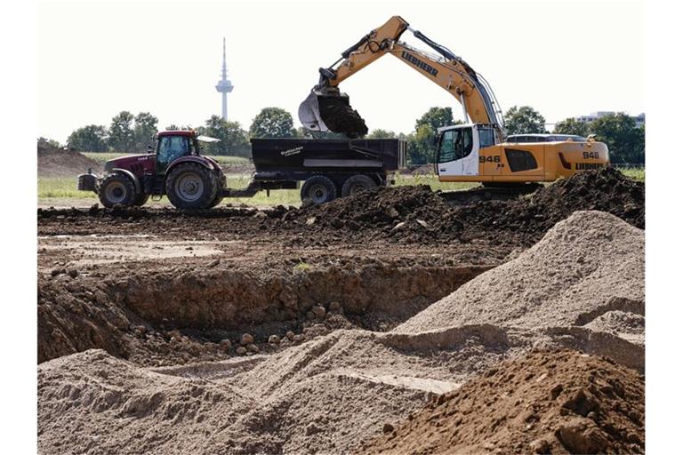 Ein Bagger hebt Erde aus für den Bau des Augewässers, einer 1,6 Hektar großen Wasserfläche. Foto: Uwe Anspach/dpa