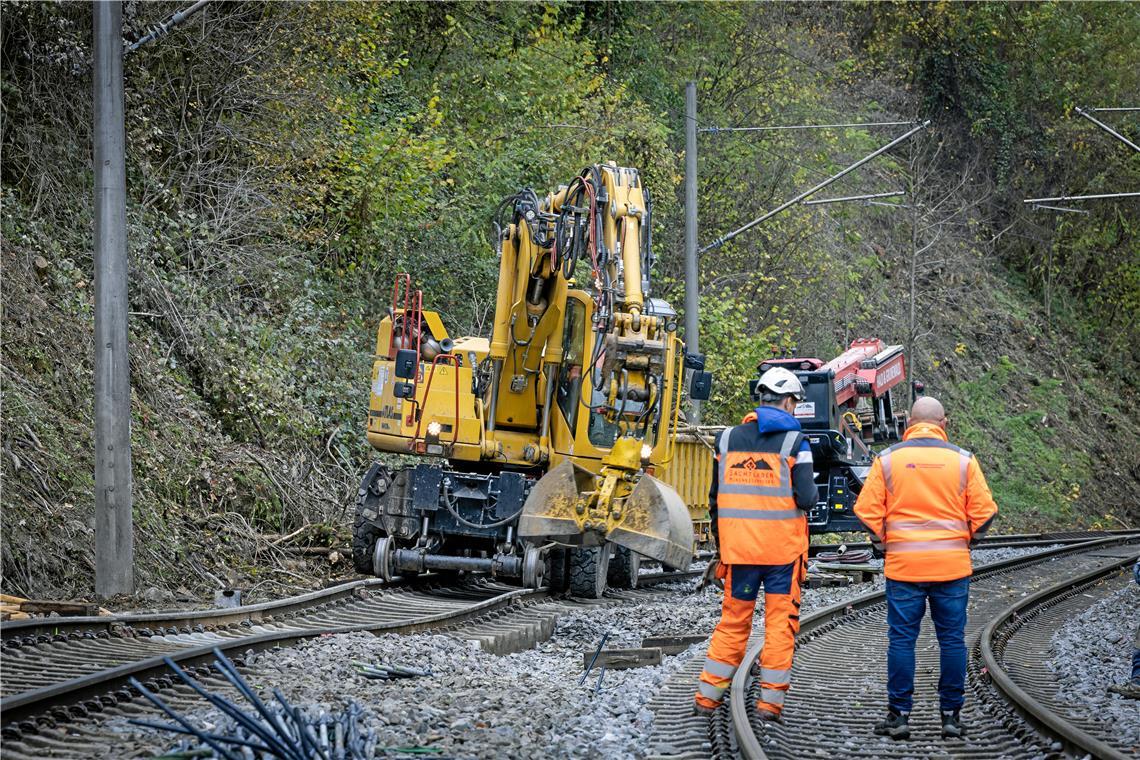 Ein Baufeld befindet sich unweit des Bahnhofs Burgstall. Hier werden derzeit die Anker für die Hangsicherung gesetzt. Foto: Alexander Becher