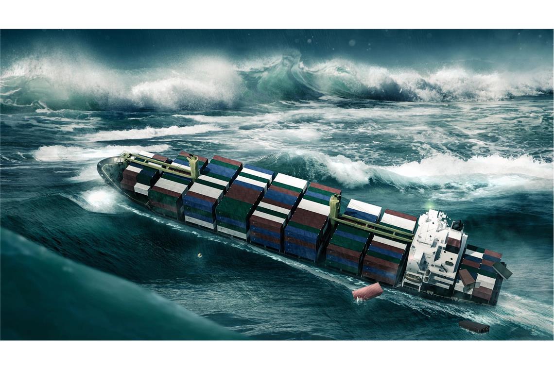 Ein Containerschiff wird in einem Sturm von einer Riesenwelle getroffen (Simulation).