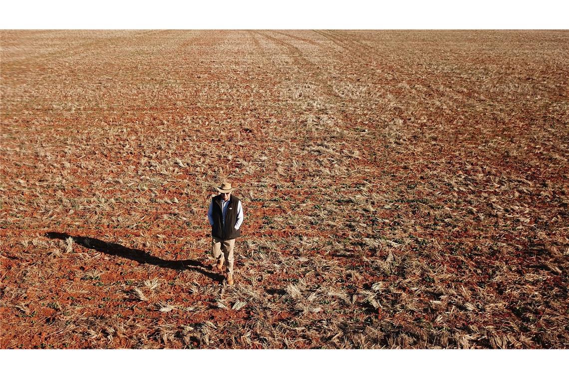 Ein Getreidebauer geht während einer Dürreperiode in Australien 2018 über sein vertrocknetes Rapsfeld. (Archivbild)