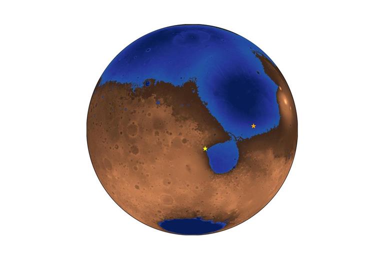 Ein hypothetisches Bild des Mars vor 3,6 Milliarden Jahren, als ein Ozean fast die Hälfte des Planeten bedeckt haben könnte. Die blauen Bereiche zeigen die Tiefe des Ozeans, der bis zum Niveau der Küstenlinie des alten, heute verschwundenen Meeres, genannt Deuteronilus, gefüllt war. Der orangefarbene Stern stellt die Landestelle des chinesischen Rovers Zhurong dar. Der gelbe Stern ist die Landestelle des NASA-Rovers Perseverance, der einige Monate vor Zhurong gelandet ist.