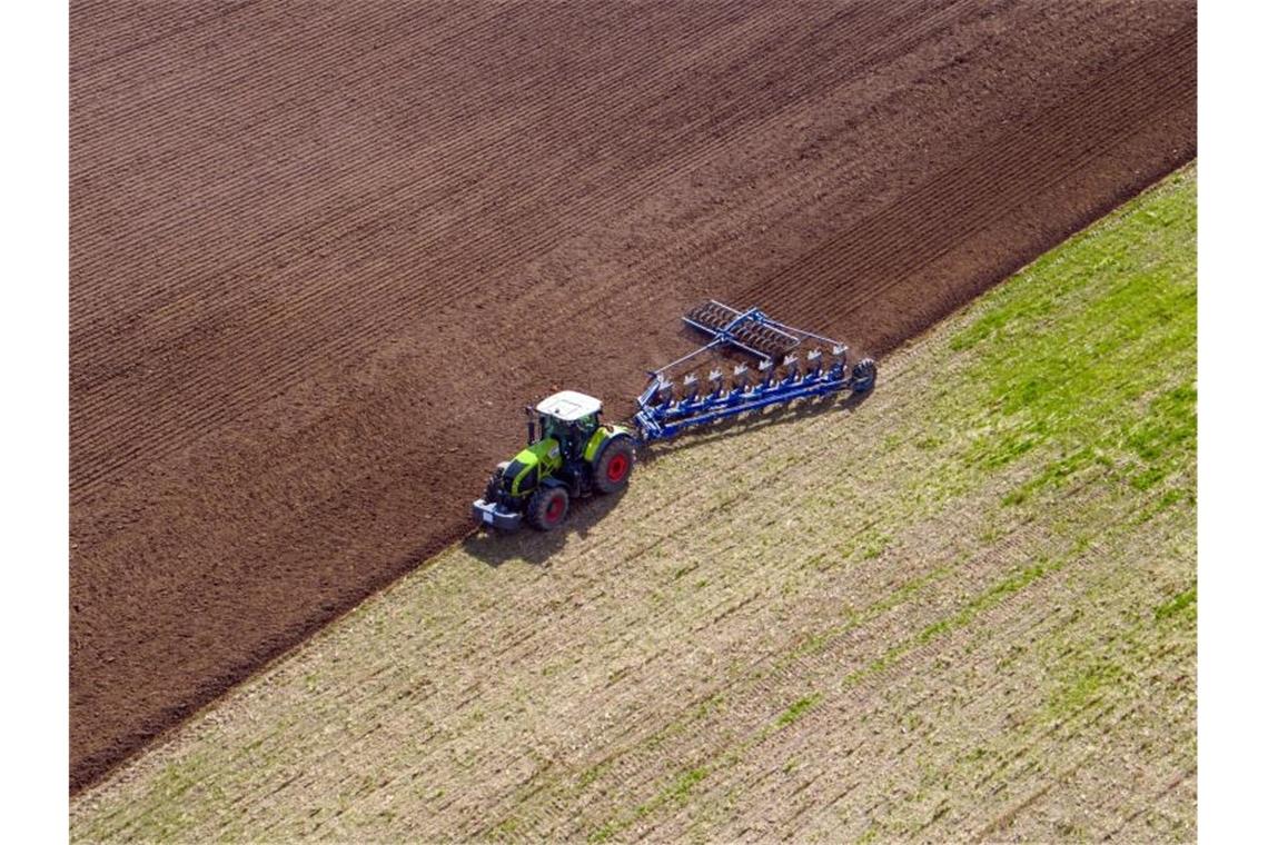 Agrarminister bei Sonderkonferenz zerstritten Ein Landwirt pflügt ein abgeerntetes Feld in Mecklenburg. Foto: Jens Büttner/dpa-Zentralbild/dpa