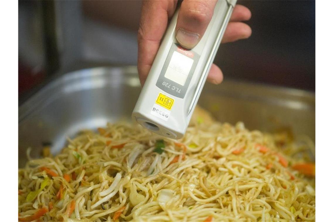 Lebensmittelkontrollen: Klöckner nimmt Länder in die Pflicht Ein Lebensmittelkontrolleur überprüft bei einer Betriebskontrolle die Temperatur von chinesischen Nudeln. Foto: Uwe Anspach/dpa