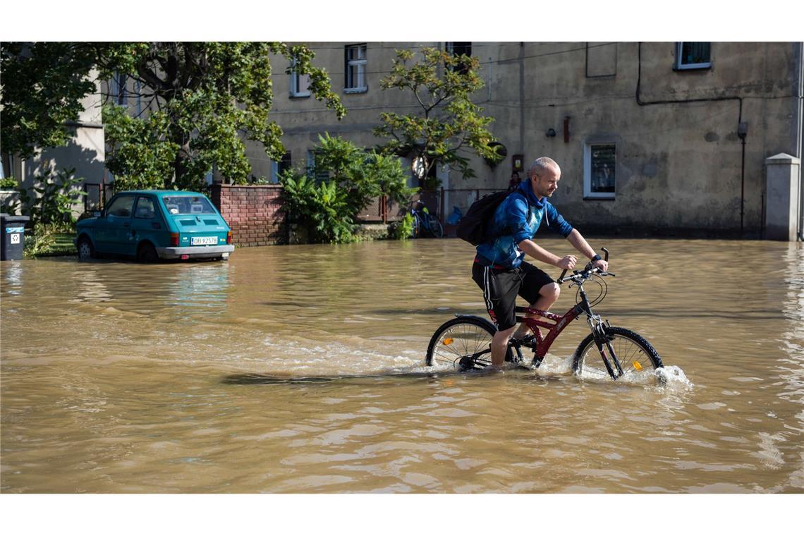 Ein Mann fährt mit dem Fahrrad durch eine überflutete Straße in der Stadt Lewin Brzeski im Süden Polens. (Foto aktuell)