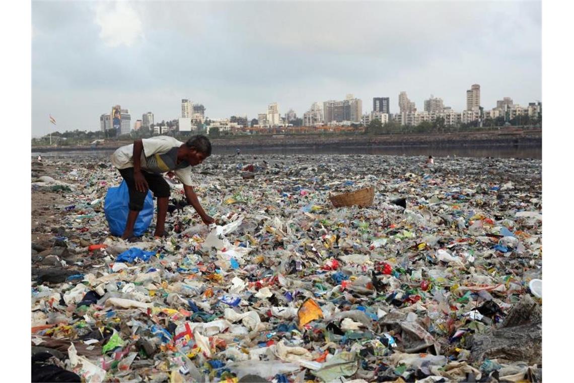 EU: Endgültig grünes Licht für Verbot von Einmal-Plastik Ein Mann sammelt Plastik an der von Müll übersäten Küste des Arabisches Meeres in Mumbai. Foto: Rafiq Maqbool/AP