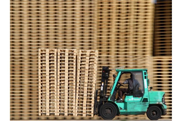 Ein Mitarbeiter fährt mit einem Gabelstapler an neuen Holzpaletten vorbei. Foto: Jens Büttner/ZB/dpa