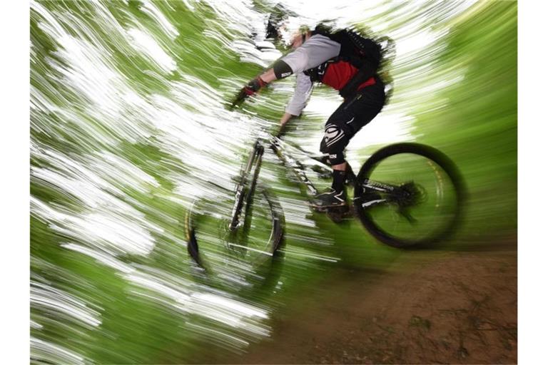 Ein Mountainbiker springt auf dem Canadian Trail bei Freiburg durch den Wald. Foto: picture alliance / dpa/Symbolbild