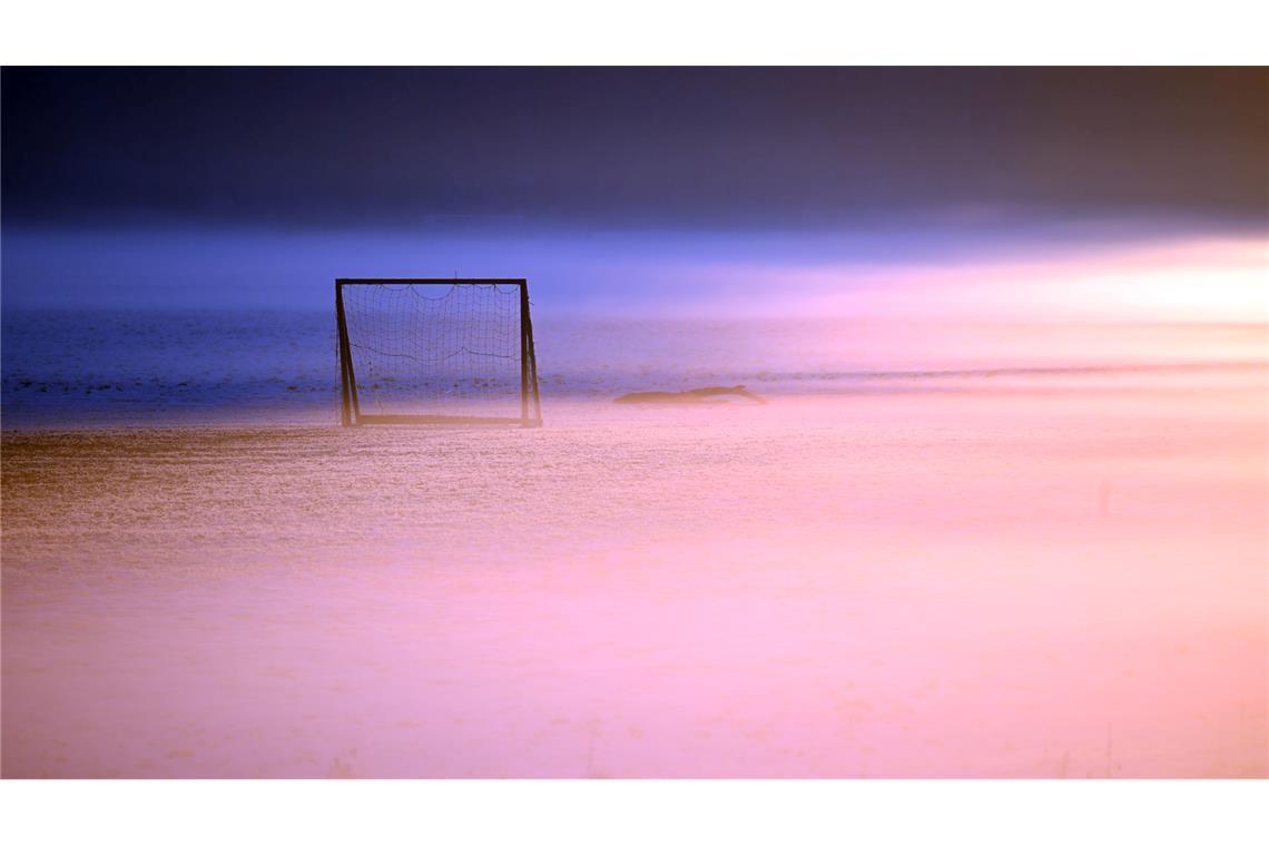 Ein provisorisches Fußballtor steht im Nebel am frühen Morgen in Köln.