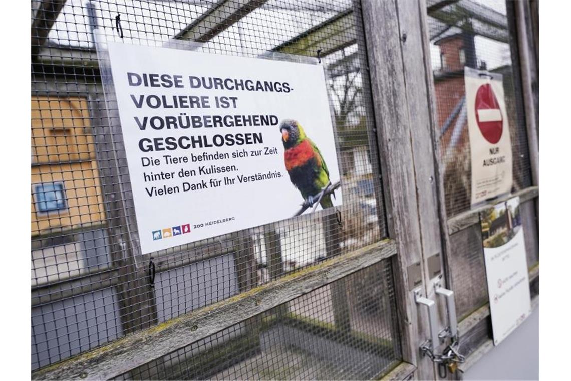 Ein Schild mit der Aufschrift „Diese Durchgangsvoliere ist vorübergehend geschlossen“ hängt im Zoo. Foto: Uwe Anspach/dpa/Archivbild