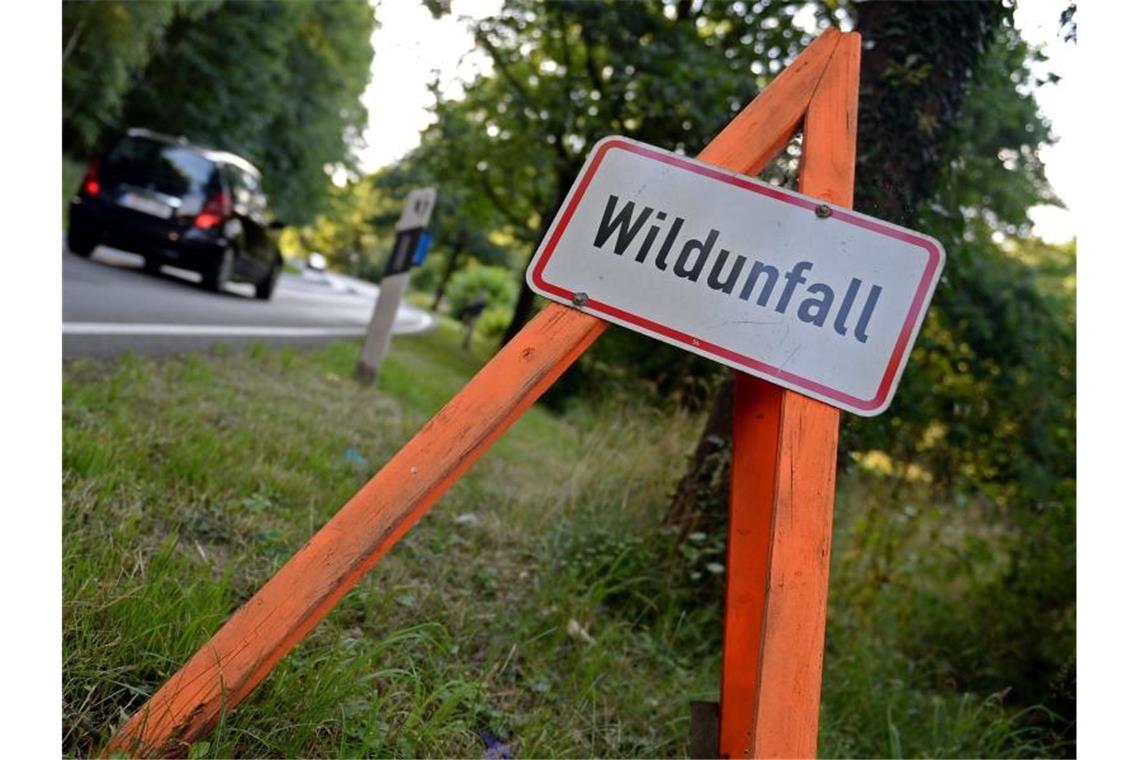 Autos erfassen mehrere Wildschweine auf Autobahn Ein Schild weist auf einen Wildunfall hin. Foto: Susann Prautsch/dpa