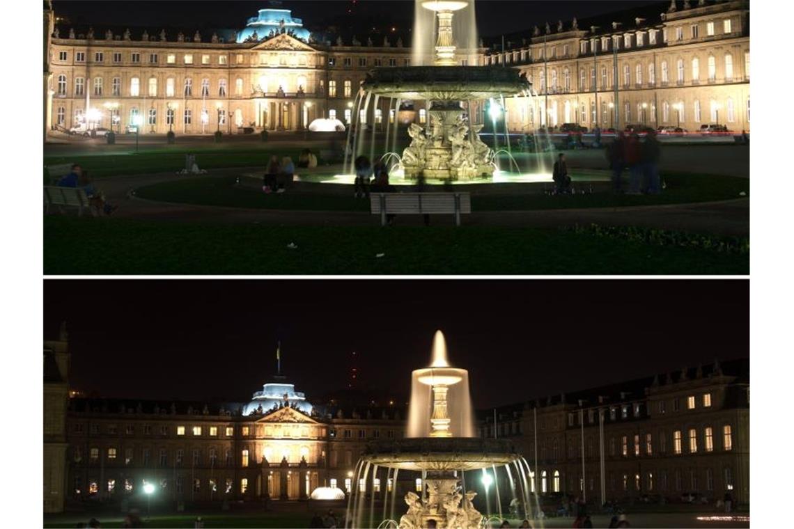 Eine Bildkombo zeigt das Neue Schloss vor (oben) und nach der sogenannten „Earth Hour“. Foto: Sebastian Kahnert/dpa/Archivbild