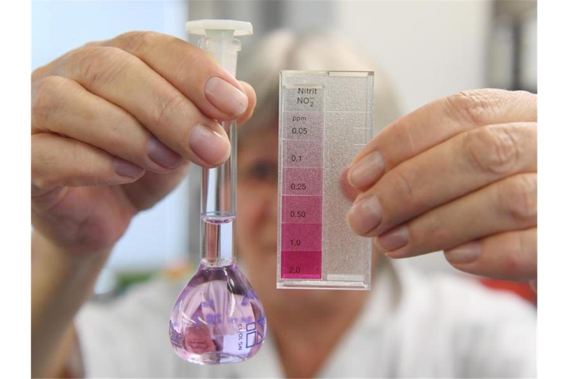 Nitrat und PFC belasten noch immer das Grundwasser Eine Chemielaborantin zeigt ein Flasche mit einer Grundwasserprobe zur Nitratüberprüfung. Foto: Uli Deck/dpa/Archivbild