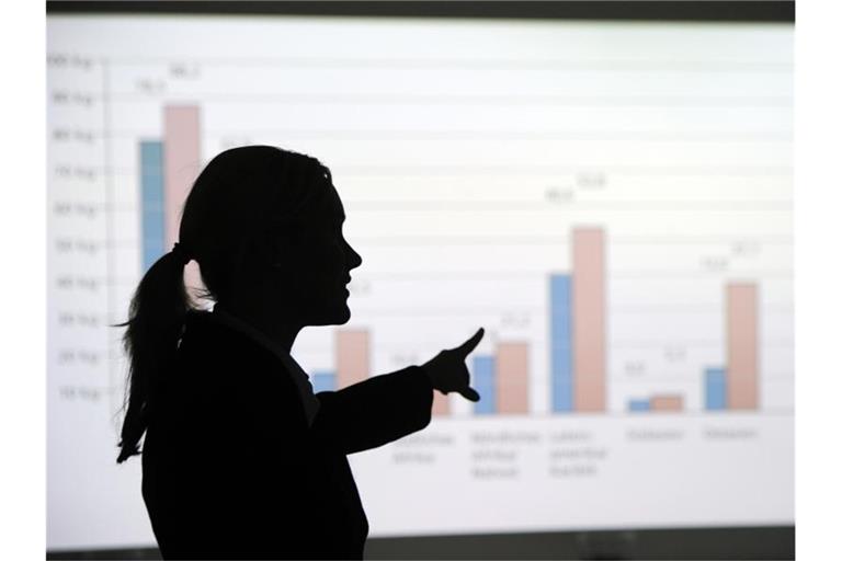 Eine Frau steht in einem Büro und erklärt eine an die Wand projizierte Grafik. Foto: Tobias Kleinschmidt/dpa/Archivbild