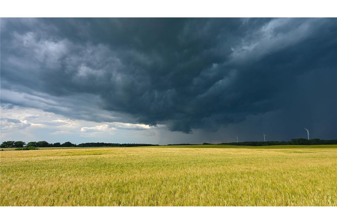 Eine Gewitterzelle mit dunklen Wolken zieht über die Landschaft im Landkreis Märkisch-Oderland in Ostbrandenburg.