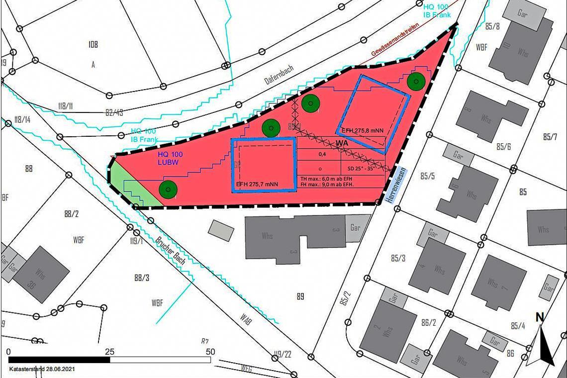 Eine neue Berechnung des HQ-100-Bereichs des Backnanger Ingenieurbüros Frank liegt dem Bebauungsplan zugrunde. Plan: Büro Roosplan 