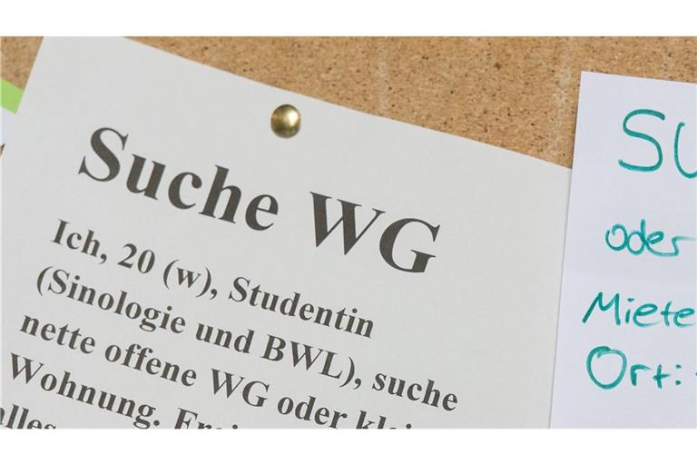 Eine Studentin sucht  mit Zetteln an einem Schwarzen Brett eine Wohnung. Studenten in Deutschland  müssen für ihre Miete immer tiefer in die Tasche greifen.