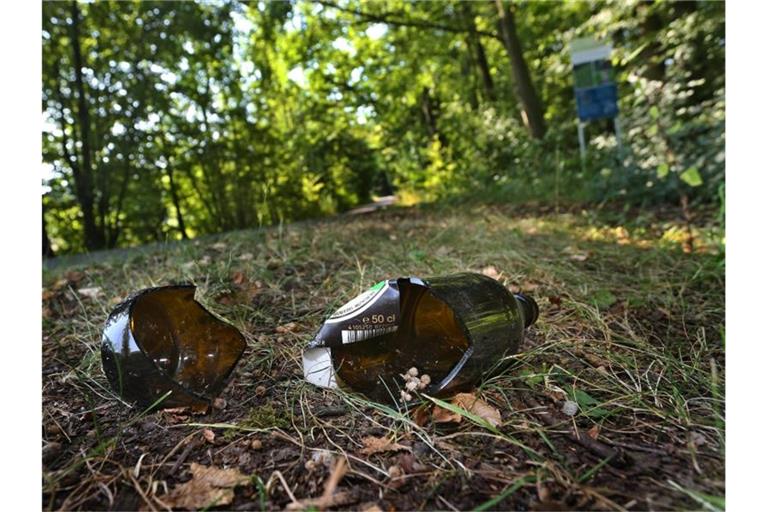 Eine zerbrochene Bierflasche liegt neben einem Wanderweg. Foto: Karl-Josef Hildenbrand/dpa/Symbolbild