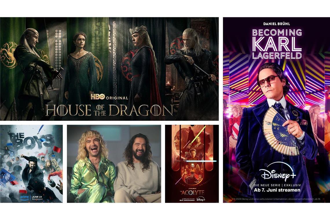 Einige unserer Streamingtipps im Juni: „House of the Dragon“, „Becoming Karl Lagerfeld“, „Star Wars: The Acolyte“, „Kaulitz & Kaulitz“ und „The Boys“ (von links oben im Uhrzeigersinn)