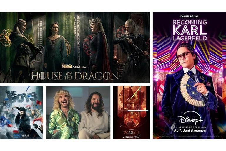 Einige unserer Streamingtipps im Juni: „House of the Dragon“, „Becoming Karl Lagerfeld“, „Star Wars: The Acolyte“, „Kaulitz & Kaulitz“ und „The Boys“ (von links oben im Uhrzeigersinn)