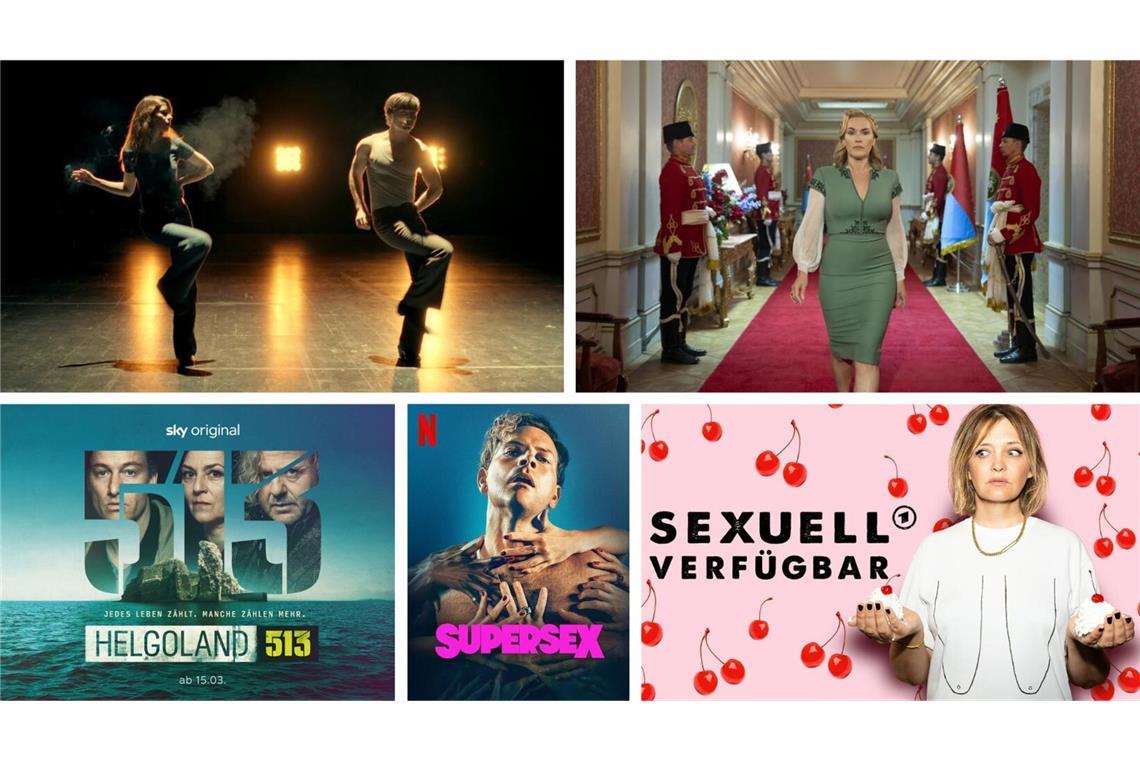 Einige unserer Streamingtipps im März: „Disko 76“, „The Regime“, „Sexuell verfügbar“, „Supersex“, „Helgoland 513“ (von links oben im Uhrzeigersinn)