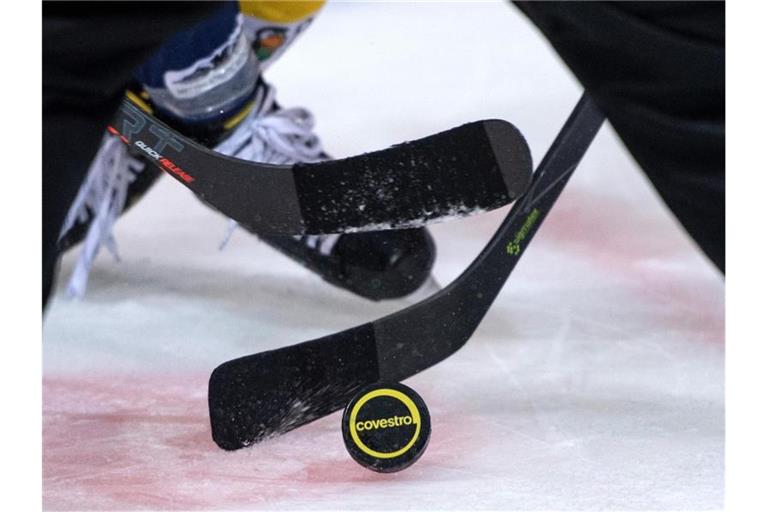 Eishockeyspieler kämpfen um dem Puck. Foto: Bernd Thissen/dpa/Symbolbild