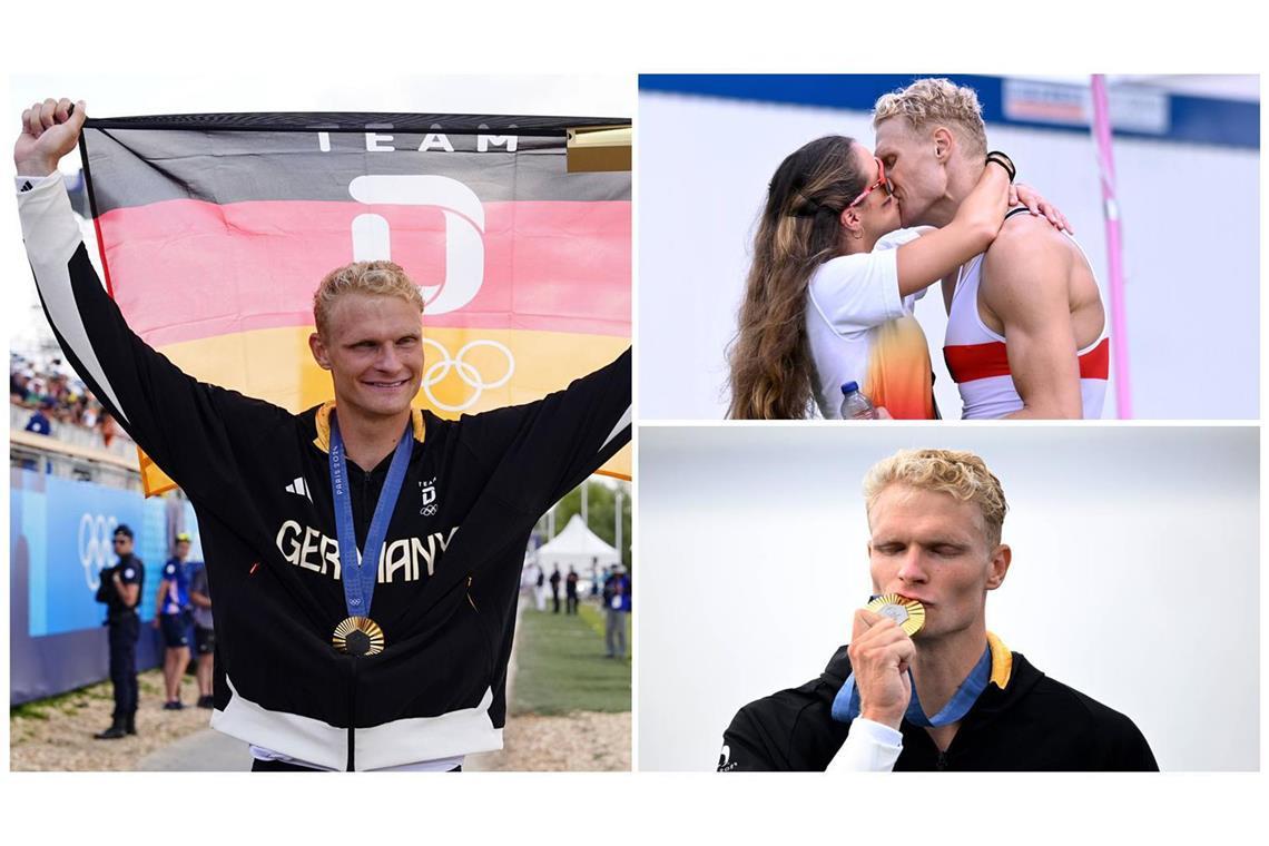 Emotionaler Olympiasieg: Ruderer Oliver Zeidler jubelt mit seiner Goldmedaille – und ganz innig mit seiner Freundin Sofia Meakin.